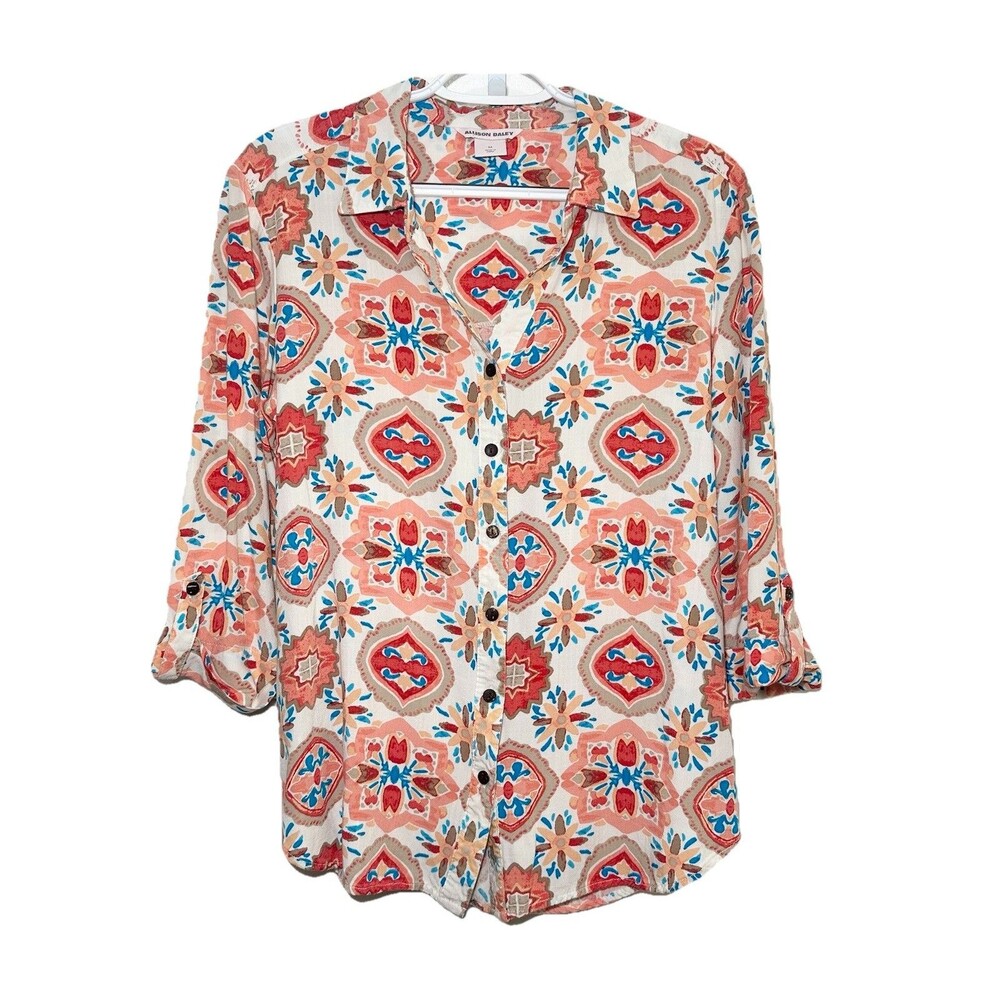 Allison Daley Boho Medallion Blouse Rayon Roll Tab Sleeve Medium